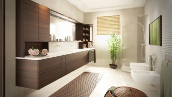 Modernes Badezimmer mit Theke und Schrank aus dunk